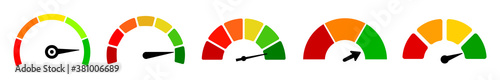 Set scale speed valuation icons, colour speedometer, tachometer signs, satisfaction barometer, fast speed signs, performance measurement - vector