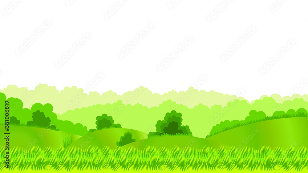 Camping. Greenery to the horizon: hills, meadows, grass, trees. Rural pasture, ranch. Vector immense graphics.