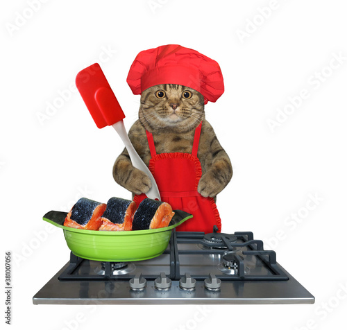 A beige big eyed cat in a red chef hat and an apron is cooking fish on a gas stove. White background. Isolated.