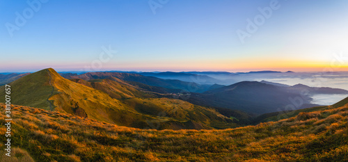 Mountains morning, panorama, dawn, Carpathians, Ukraine.