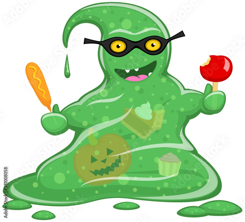 Vector illustration of a hungry, happy, Halloween-themed cartoon blob monster eating a variety of autumn foods.
