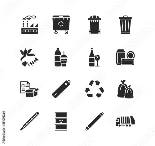 Recycling and sorting of waste glyph flat icon set. Garbage sorting. Vector illustration trash, factory, garbage truck, radioactive rubbish