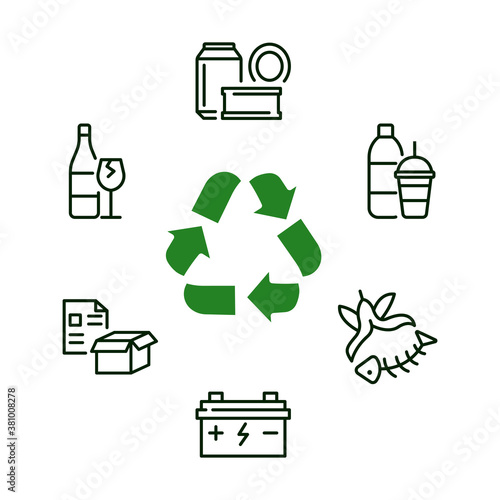 Recycling and sorting of waste circle banner with flat line icon. Garbage sorting