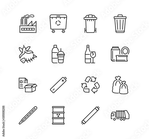 Recycling and sorting of waste line flat icon set. Garbage sorting. Vector illustration trash, factory, garbage truck, radioactive rubbish. Editable strokes