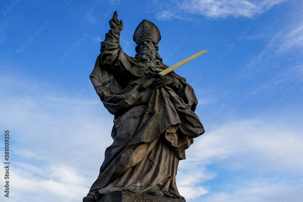 Statue with sword on the Old Main Bridge in Wurzburg, Germany