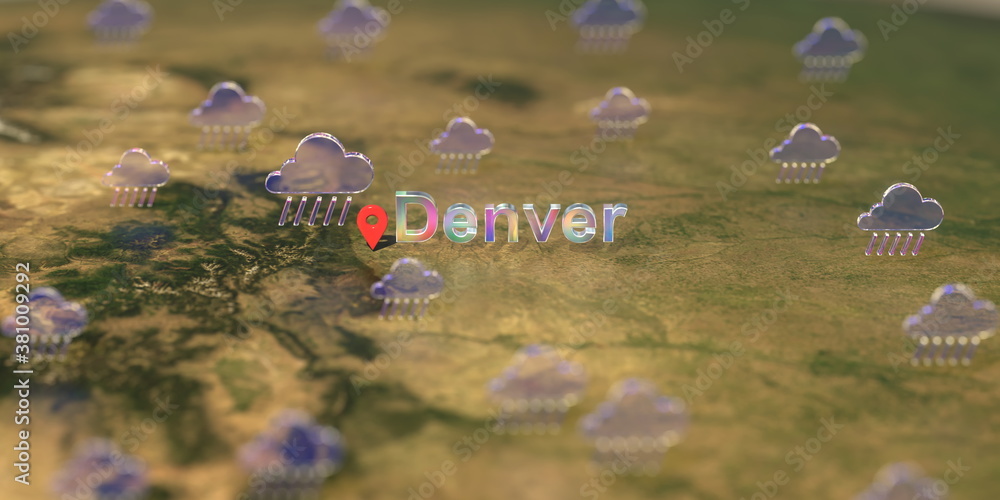 Rainy weather icons near Denver city on the map, weather forecast related 3D rendering Rainy weather icons near Denver city on the map, weather forecast related 3D rendering