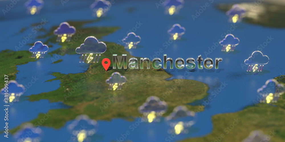 Stormy weather icons near Manchester city on the map, weather forecast related 3D rendering Stormy weather icons near Manchester city on the map, weather forecast related 3D rendering