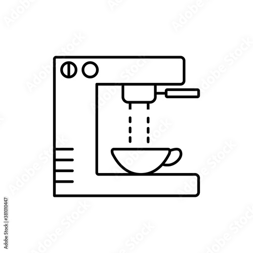 Black flat line vector icon for electric coffee maker machine with pot on white background.