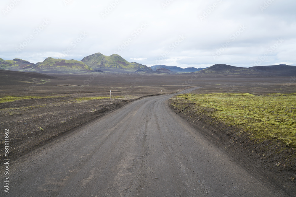 Black sand ash vulcanic landscape highland roads in iceland 2020