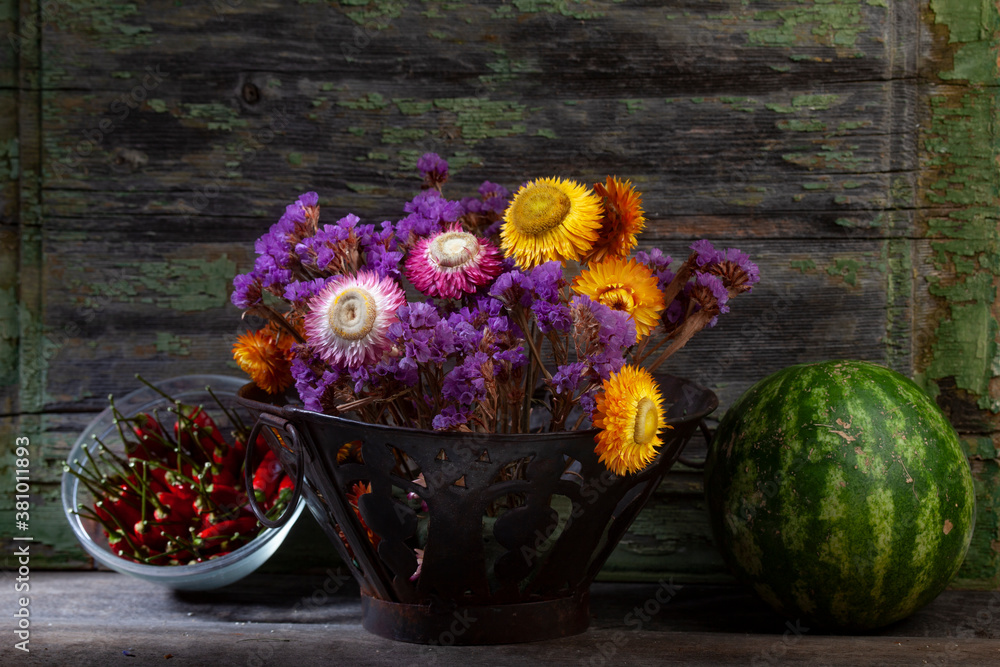 Obraz premium Peppers,Flowers&Watermelon Still Life 2
