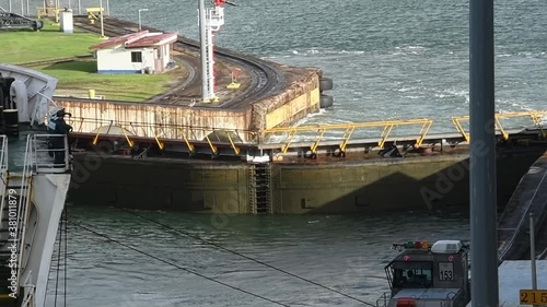 A ship approaching one of the locks at Gatun, the Panama Canal.