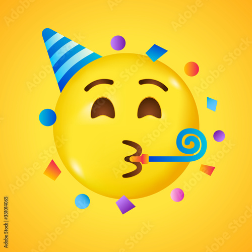 Party emoji. Happy face with birthday hat and confetti. Big smile in 3D. Vector illustration.