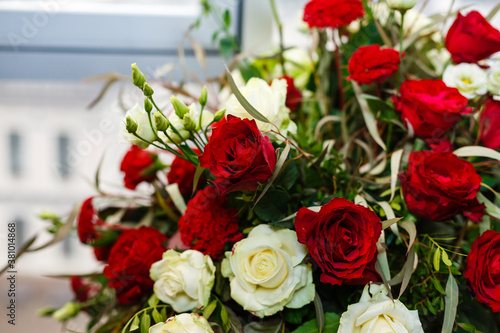 Red and white roses  bouquet on a white background with space for text