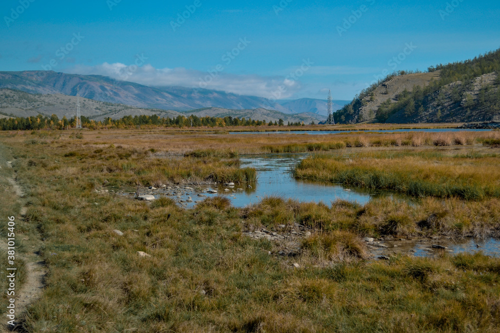 Obraz premium Blue marsh river flows among yellow grass with a stone bank in the Baikal mountains. Autumn sunny landscape. trail