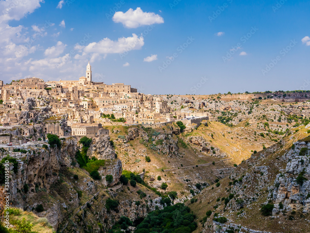 Stunning view of the ancient town of Matera and its spectacular canyon, Basilicata region, southern Italy
