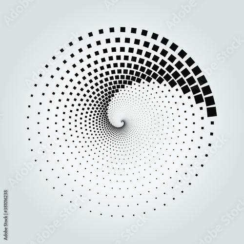 Black square dotted stripes in spiral form. Geometric art. Trendy design element for frame, logo, tattoo, sign, symbol, web, prints, posters, template, pattern and abstract background