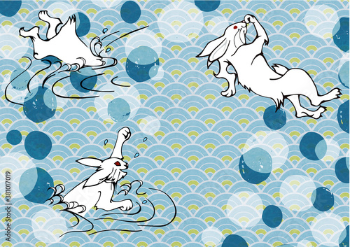 鳥獣戯画のウサギをモチーフにデザインした和風の背景素材