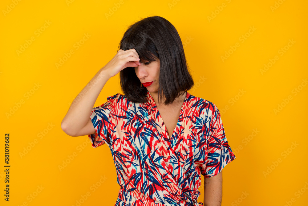 Very upset, charming, nice woman touching nose between closed eyes, want to cry, having stressful relationship, being tired, having troubles with work Very upset, charming, nice woman touching nose between closed eyes, want to cry, having stressful relationship, being tired, having troubles with work