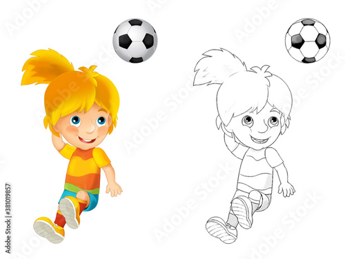 cartoon scene with football soccer girl on white background - illustration