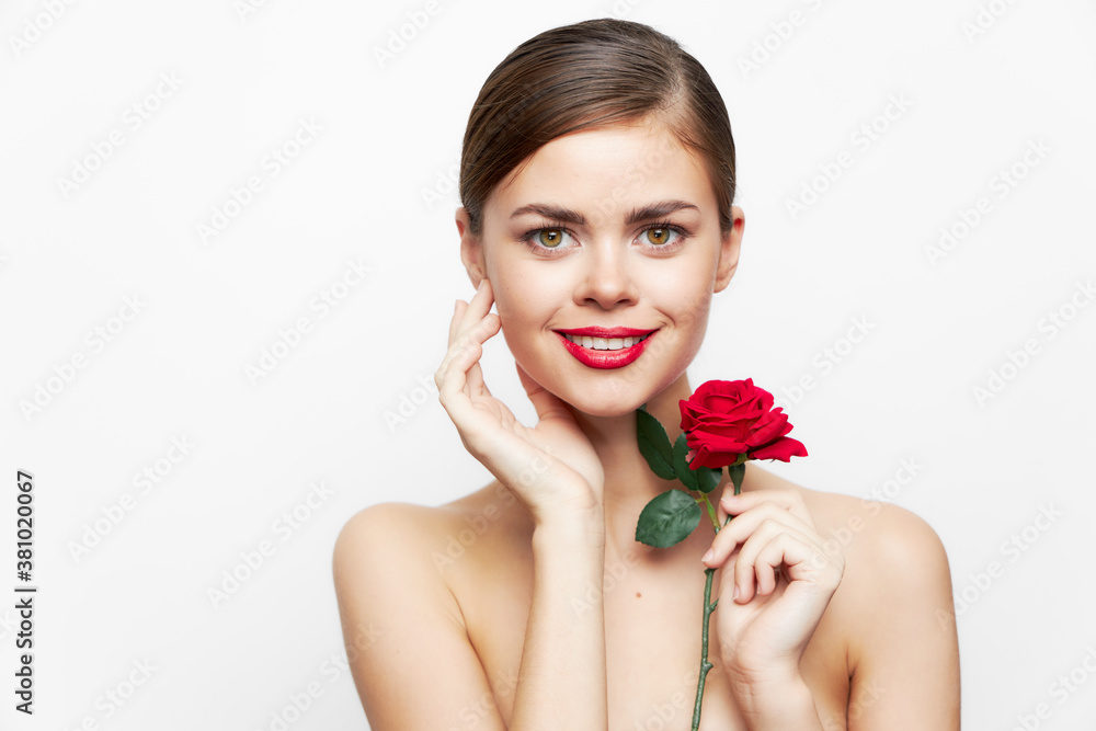 Woman with rose smile hand near face model charm Woman with rose smile hand near face model charm