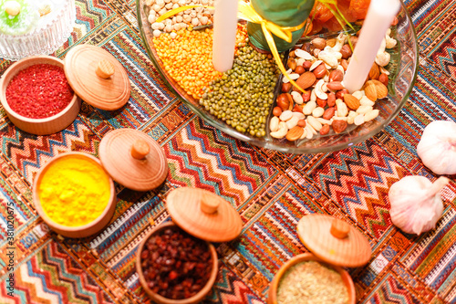 Arabic or turkish quisine. Middle East quisine. Assorted appetizers on a plate. photo