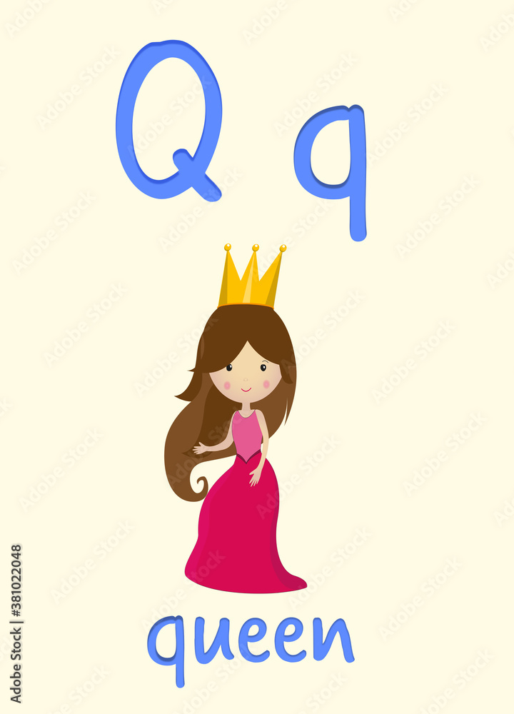 Learning English alphabet. Card with letter Q and queen, illustration Learning English alphabet. Card with letter Q and queen, illustration