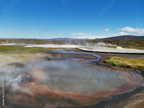 steaming vulcanic lake in the highland of iceland near route F35