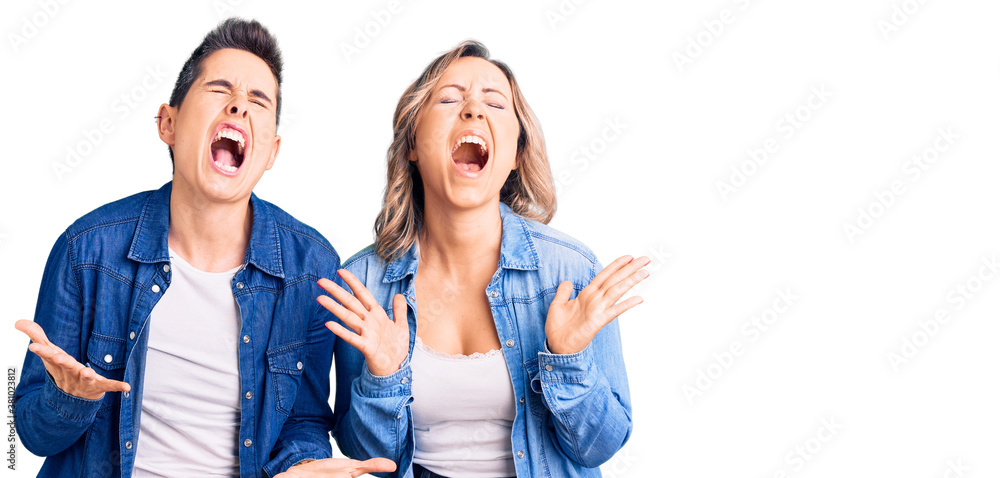 Fototapeta premium Couple of women wearing casual clothes celebrating mad and crazy for success with arms raised and closed eyes screaming excited. winner concept