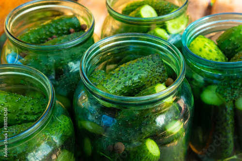 Canvas-taulu jars of cucumbers close-up, canning gherkins for the winter