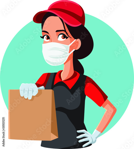 Female Fast Food Worker Wearing Protective Mask and Gloves