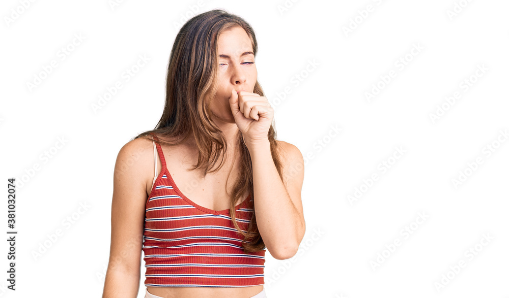 Beautiful caucasian young woman wearing casual clothes feeling unwell and coughing as symptom for cold or bronchitis. health care concept. Beautiful caucasian young woman wearing casual clothes feeling unwell and coughing as symptom for cold or bronchitis. health care concept.