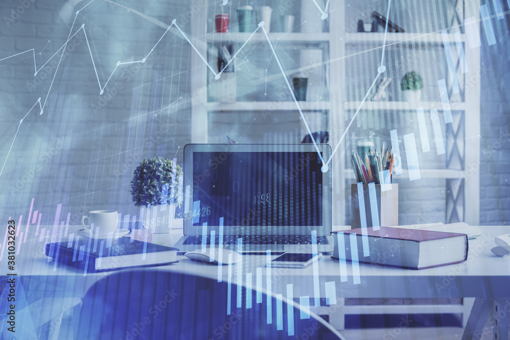 Double exposure of financial graph drawing and office interior background. Concept of stock market. Double exposure of financial graph drawing and office interior background. Concept of stock market.