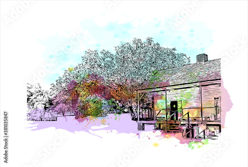 Building view with landmark of Baton Rouge is a city on the Mississippi River, and the capital of Louisiana. Watercolor splash with hand drawn sketch illustration in vector.