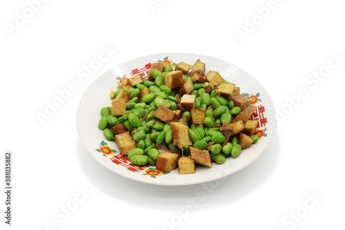 A dish of beans on the white background board, Chinese food