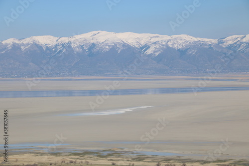 Antelope Island, Great Salt Lake and snowcapped Wasatch mountains, Utah
