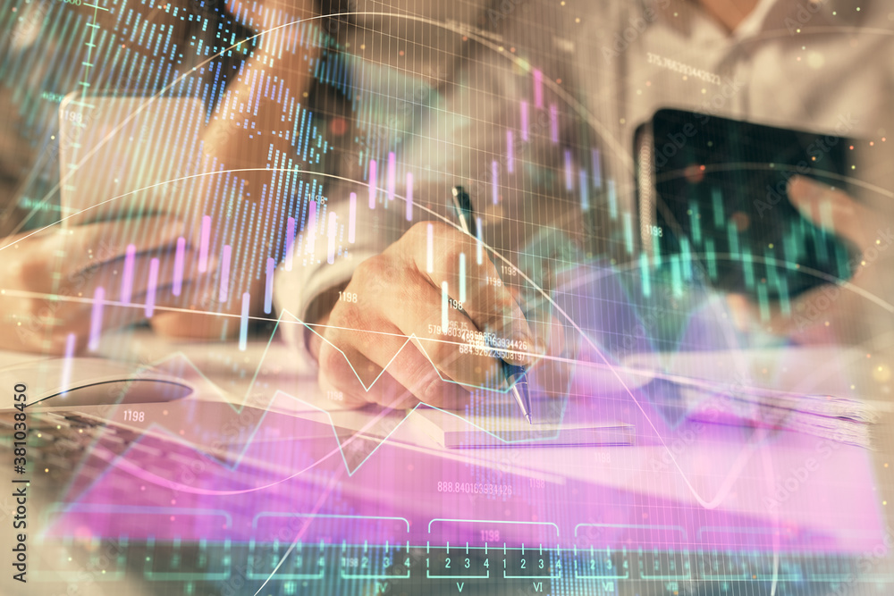 custom made wallpaper toronto digitalDouble exposure of man and woman working together and financial graph hologram. Business concept. Computer background.