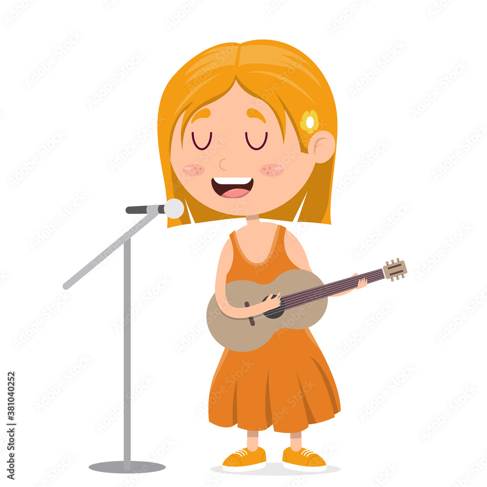 little girl singing and playing guitar, music performance by kid, cartoon vector illustration little girl singing and playing guitar, music performance by kid, cartoon vector illustration
