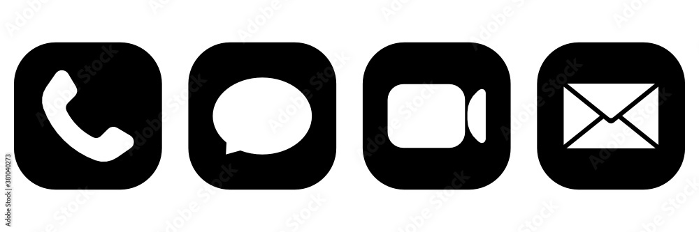 Set of black communication app icon. Phone, message, video chat, email symbol Set of black communication app icon. Phone, message, video chat, email symbol