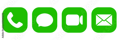 Set of green communication app icon. Phone, message, video chat, email symbol