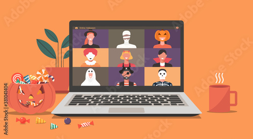 Online Halloween party concept, people in horror costumes on laptop screen have video conference to celebrate festival, friends meeting or connecting together on video call, vector flat illustration