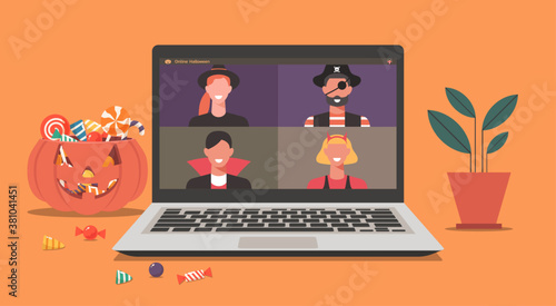 Online Halloween party concept, people in horror costumes on laptop screen have video conference to celebrate festival at home, friends spend time together on video call, vector flat illustration
