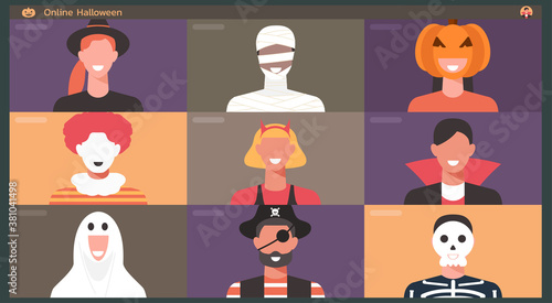 Online Halloween party concept, people in horror costumes connecting or meeting together with video conference, video call on computer screen, vector flat illustration