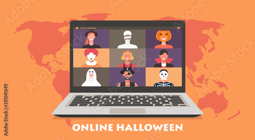 Online Halloween party from around the world concept on laptop screen, people in horror costumes have video conferencing and spending time together to celebrate festival, vector flat illustration