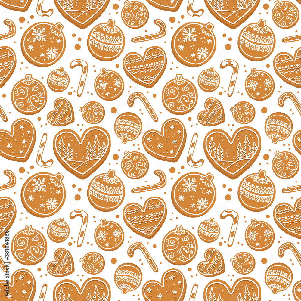 Vector christmas decorated ginger cookies, gingerbread with icing. Hearts, sugar cane, ball. Seamless pattern on white background Vector christmas decorated ginger cookies, gingerbread with icing. Hearts, sugar cane, ball. Seamless pattern on white background