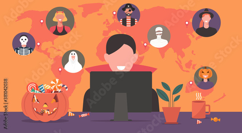 People in horror costumes from around the world connecting together online on computer to celebrate Halloween festival via video conference or video call with pumpkin, vector flat illustration