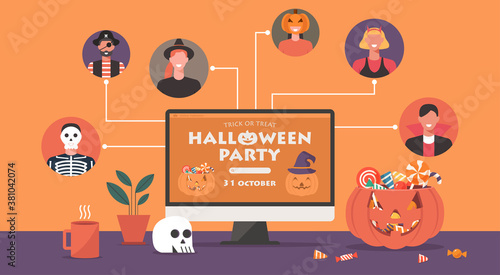 Online Halloween party concept on computer screen, people in horror costumes connecting together with video conference to celebrate festival with pumpkin, candy ,and skull, vector flat illustration