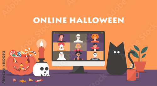 Online Halloween party concept, people in horror costumes on computer screen have video conference to celebrate festival, friends meeting or connecting together on video call, vector flat illustration