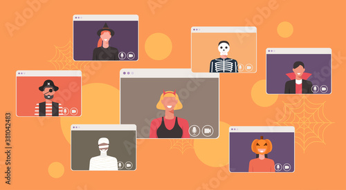 Online Halloween party concept, people in different costumes connecting and discussing together on video call, vector flat illustration