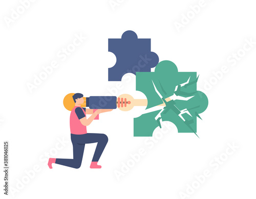 illustration of a man shooting a gun puzzle pieces using the idea until it is destroyed or broken. problem solving concepts, instant solutions, shortcuts. flat design. can be used for elements