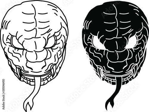 Japanese snake demon tattoo vector and  hand drawn illustration.Hand drawn Oni skull entwined by snake.japanese tattoo ; oni mask and snake tattoo.Japanese Demon mask with king cobra tattoo design.